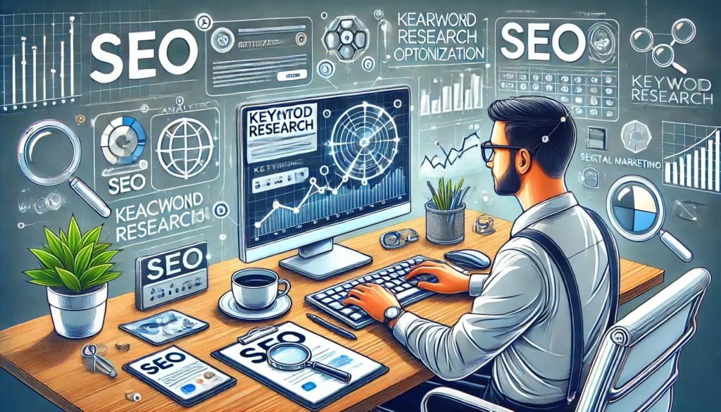 a person working on SEO (Search Engine Optimization) on a computer. The screen displays analytics charts, keyword research tools, and SEO-related graphs.
