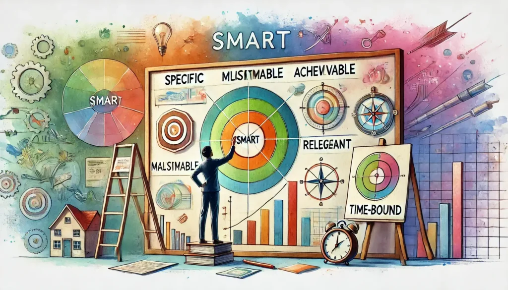 A watercolor painting visualizing the SMART Framework (Specific, Measurable, Achievable, Relevant, Time-bound) in a clear and artistic way. Each element of SMART is represented by a colorful section of a large infographic-style display.